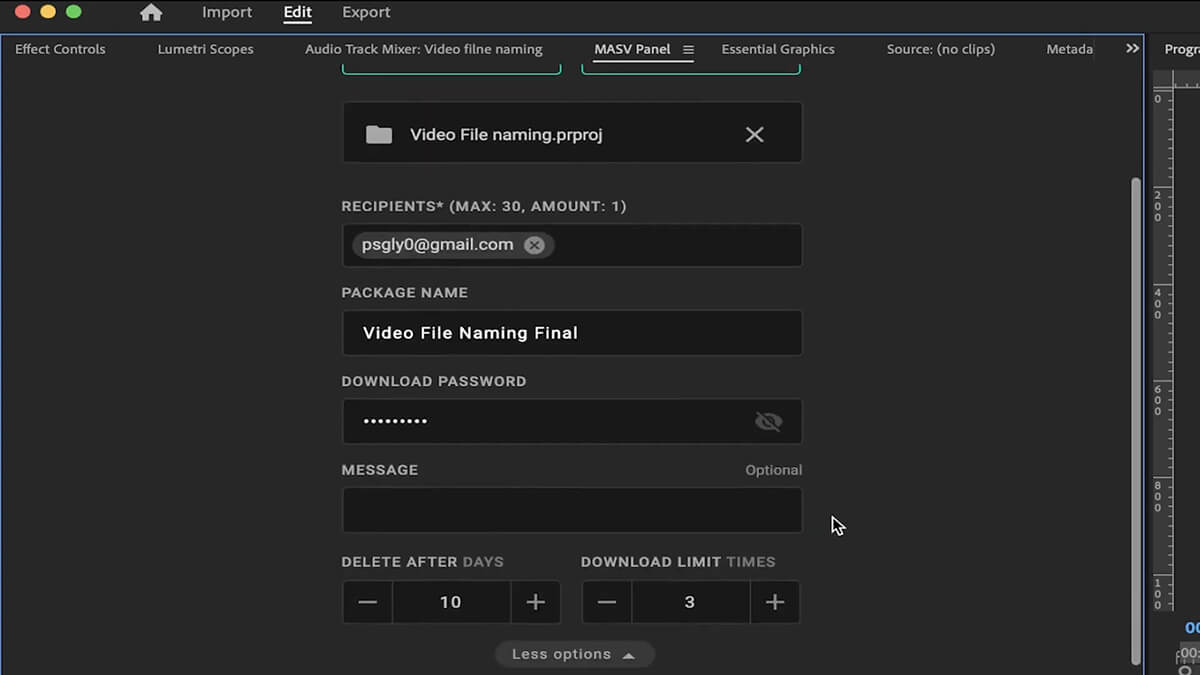 Adding a password to a file in the MASV Panel for Premiere Pro