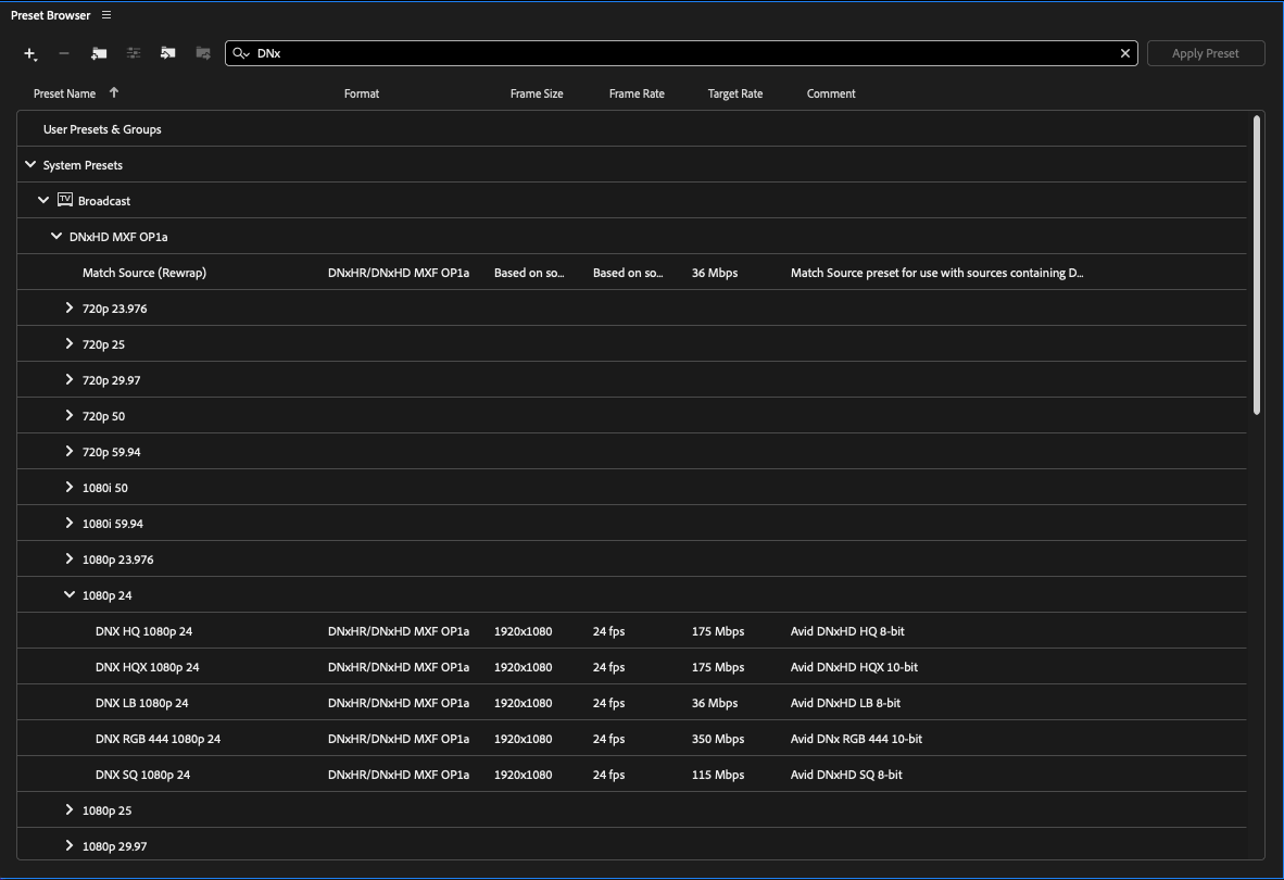 Encoder DNxHR Presets