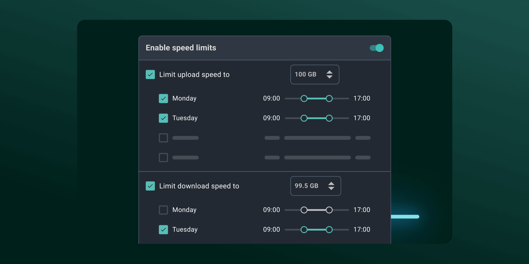 Speed limits in MASV let you control mbps throughout the week