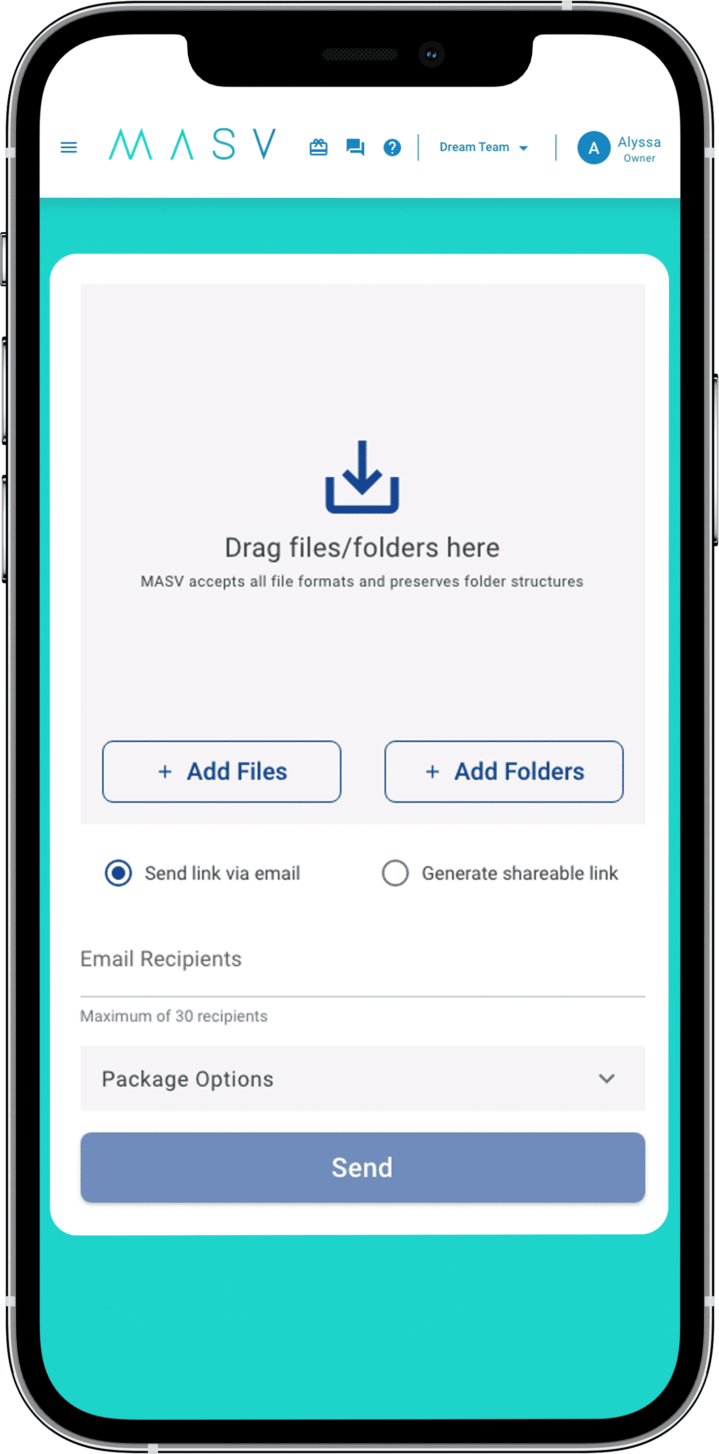 MASV mobile file transfer on device