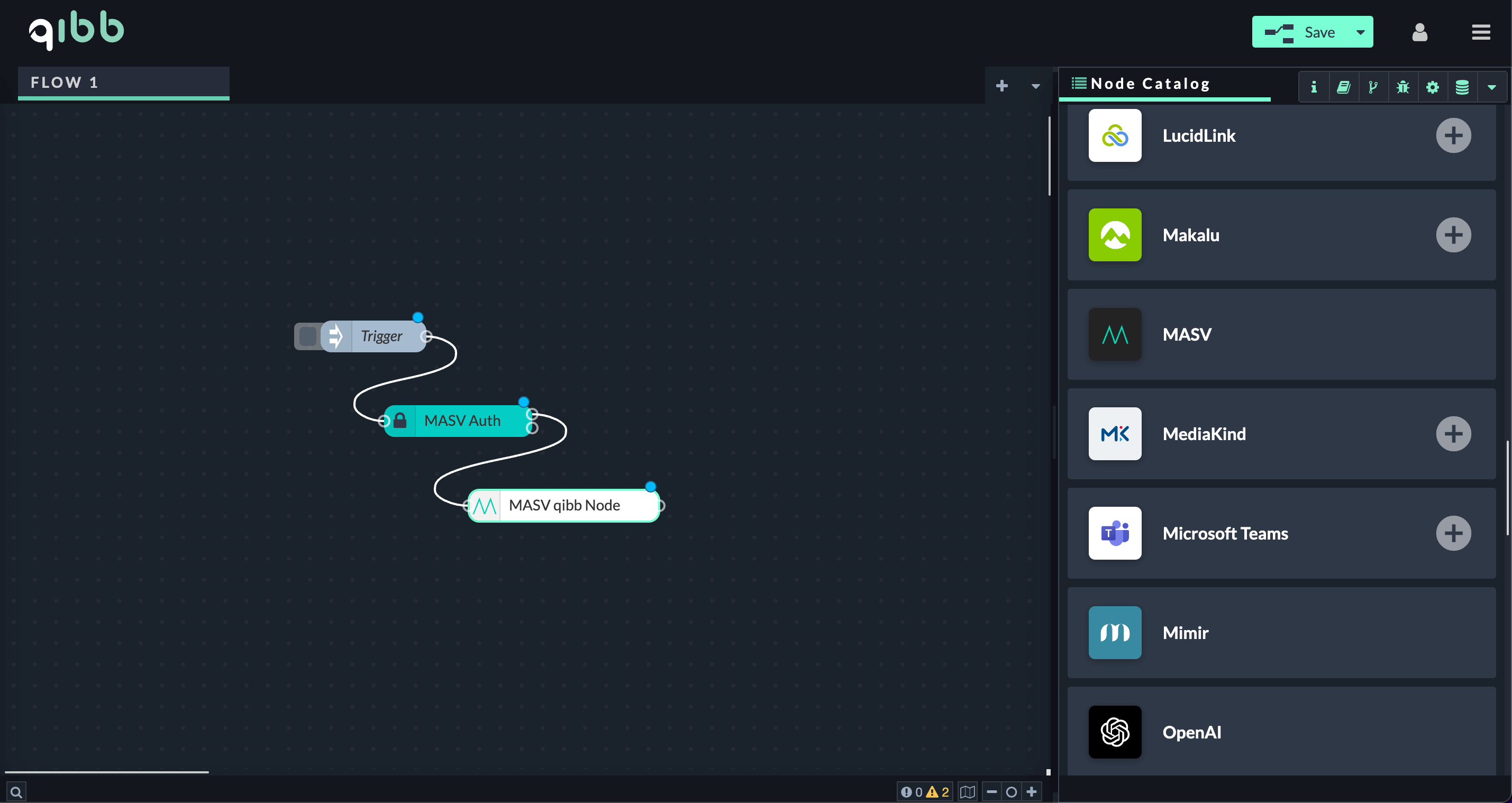 MASV node used inside Qibb's media workflow builder