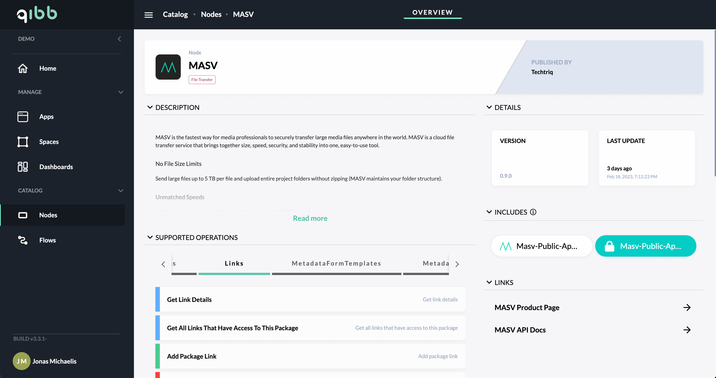 MASV node overview in Qibb's node catalog