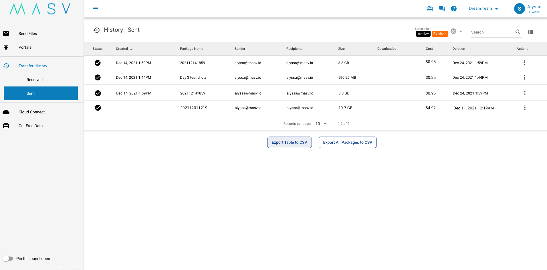 file transfer history dashboard